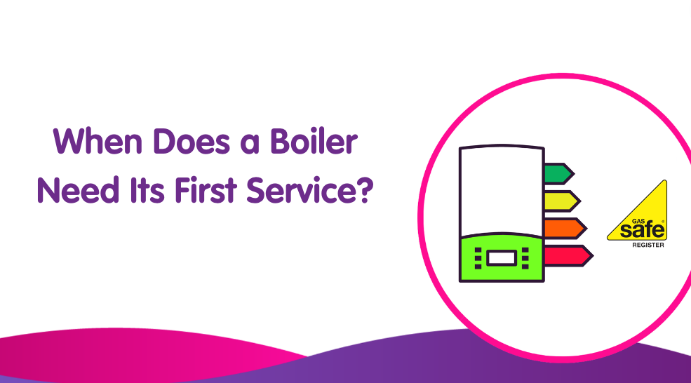 Illustration of a boiler with colorful indicators and a Gas Safe Register symbol. Text on the left reads, "When Does a New Boiler Need Its First Service?" in purple font, set against a white and purple background with pink accents.