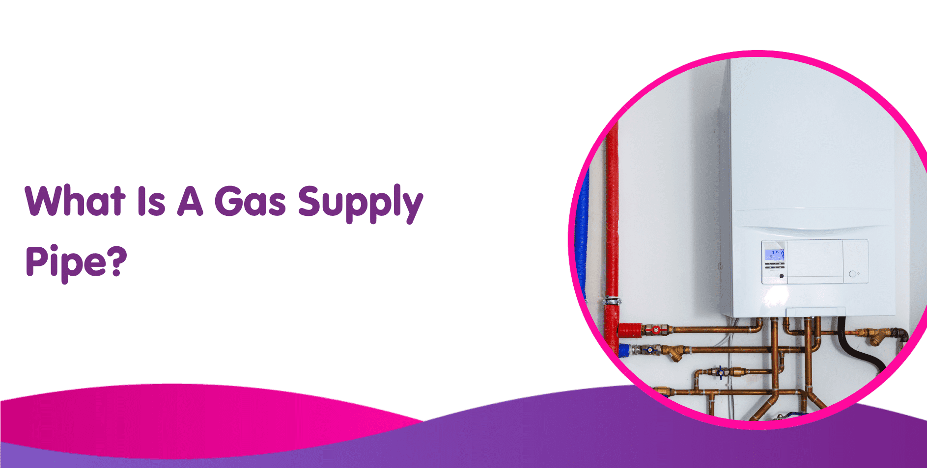 A gas boiler installation linked to vibrant pipes is depicted in a circular frame on the right. On the left, bold purple text asks, "What is a Gas Supply Pipe?" The background showcases overlapping purple and pink wave designs.