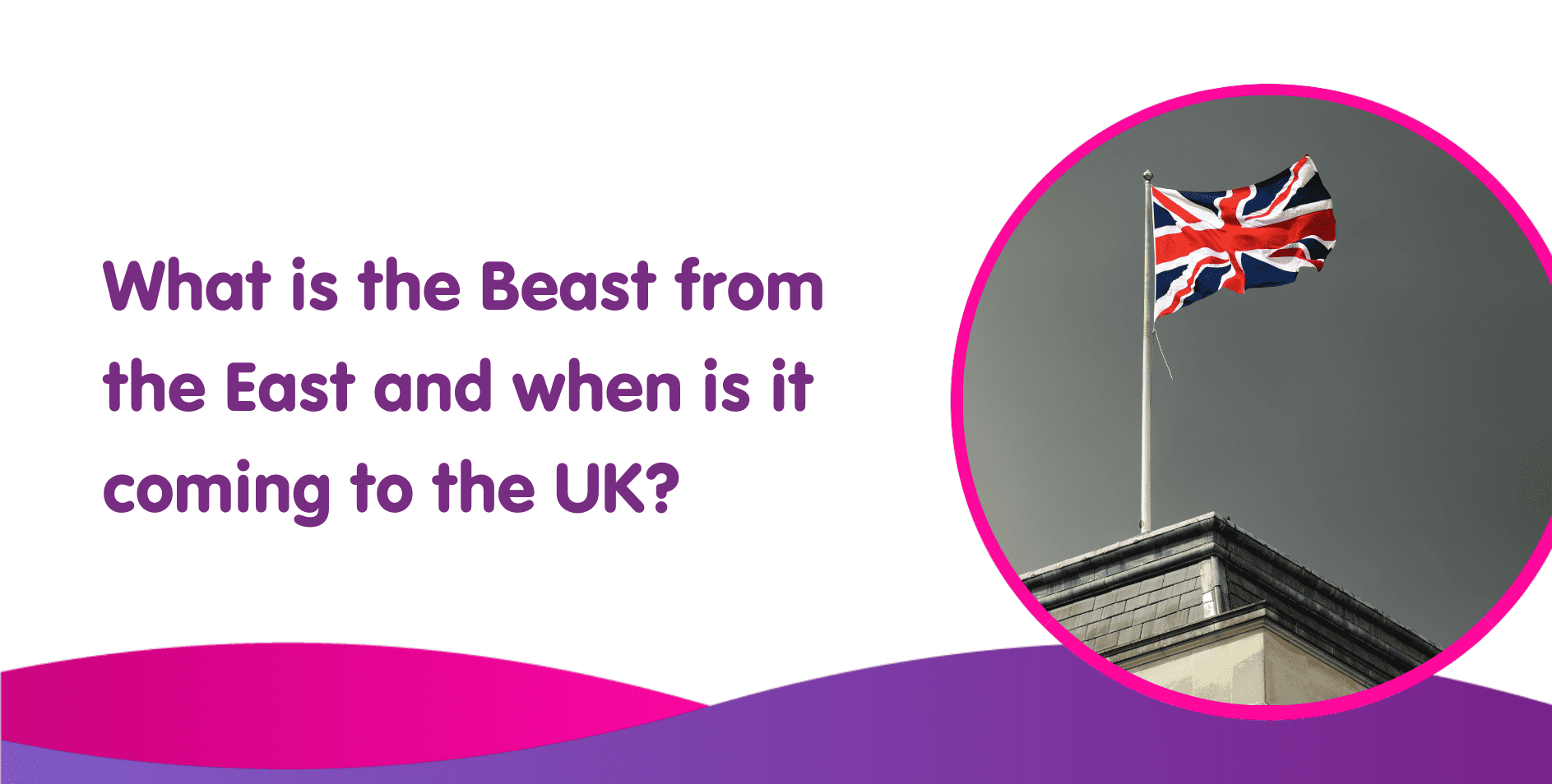 Text reads "What is the Beast from the East and when is it coming to the UK?" next to an image of the UK flag on a pole. As the backdrop flows with purple and pink waves, one wonders if their boilers are ready for a cold snap.