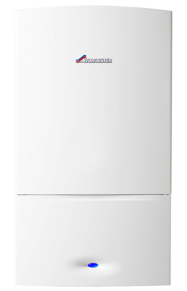 The White Worcester Bosch central heating boiler boasts a sleek, rectangular design with a compact 28kW output. A small blue light adorns the bottom, while the Greenstar CDI logo graces the top center, giving it a minimalist and modern appearance.