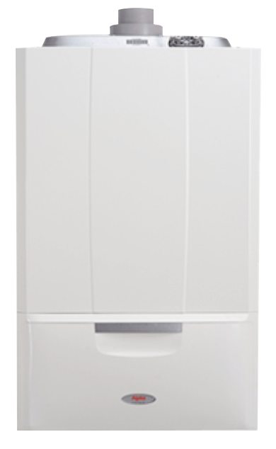 The Alpha E-Tec Plus 38kW Combi is a white wall-mounted gas boiler featuring a sleek, minimalist design. It boasts a top vent and a discreet logo at the bottom center. The smooth surface with subtle paneling enhances its rectangular shape, seamlessly integrating into any modern space.