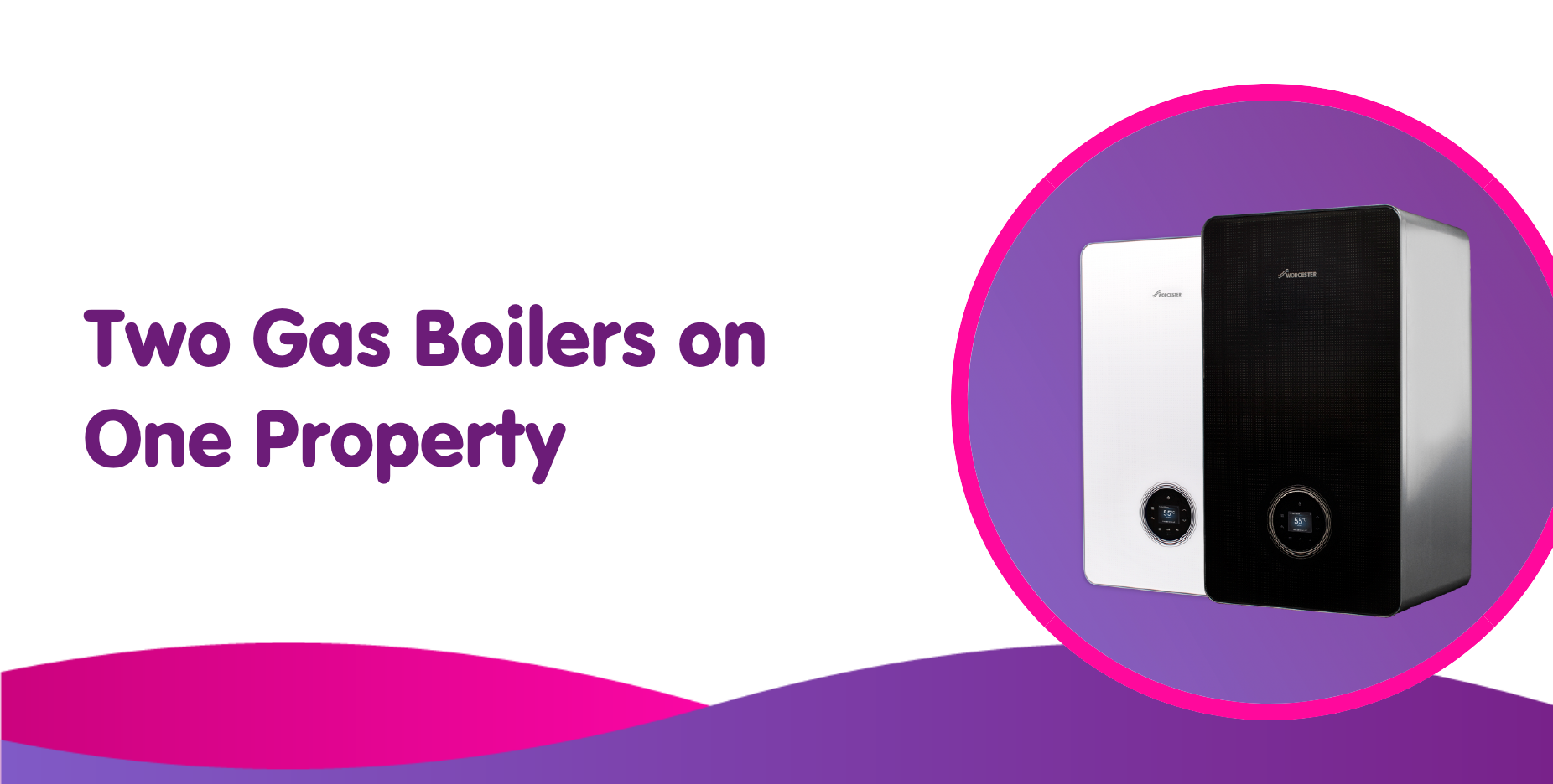 White and black gas boilers on a purple and white background. The text reads, "Install Multiple Gas Boilers on One Property.