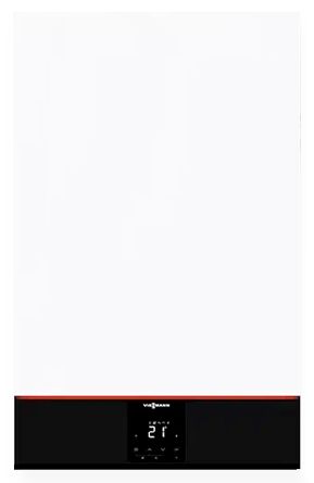 The Viessmann Vitodens 111-W is a sleek, white wall-mounted boiler with a black control panel at the bottom. Its digital display shows the temperature at 21°C. With its impressive 35kW capacity, the brand name is prominently displayed at the top of the panel.